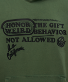 Green streetwear hoodie with black graphic text and pocket, featuring 'Honor Weird' and 'L.A. California' print.