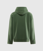 Back view of a green men's streetwear hoodie with long sleeves on a plain background.