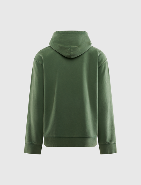 Back view of a green men's streetwear hoodie with long sleeves on a plain background.