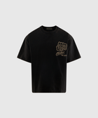 Black streetwear t-shirt with beige graphic text and chest logo, men's casual apparel