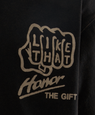 Black streetwear shirt with white graphic, knuckle design and text 'LIKE THAT Honor THE GIFT' on chest