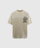 Off-white men's streetwear t-shirt with black graphic text and logo on front chest