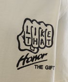 Beige streetwear t-shirt with black graphic fist and text 'LIKE THAT Honor THE GIFT'