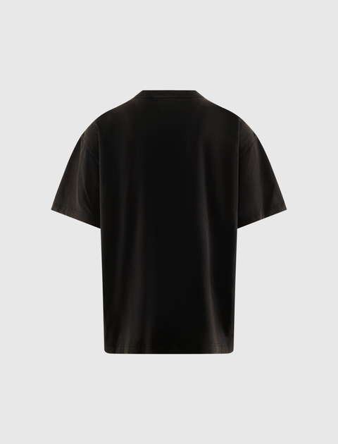 Back view of plain black short-sleeve men's streetwear t-shirt on white background