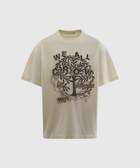 Beige graphic streetwear t-shirt with tree and 'We all grow in different ways' text design.