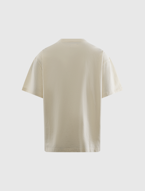 Back view of plain off-white men's streetwear t-shirt with short sleeves on white background