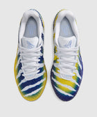 Top view of colorful men's sneakers with blue, yellow, and white striped pattern