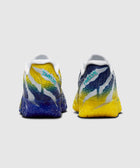 Colorful men's sneakers with gradient yellow, blue, and white design, rear view