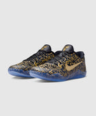 Black and gold low-top sneakers with graphic numbers, translucent blue sole, side Nike swoosh
