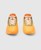 Orange and green low-top sneakers with cream laces, front view on white background