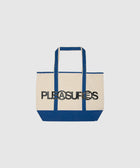 Canvas tote bag with blue trim and bold black 'PLEASURES' text on front