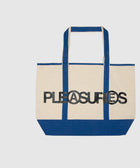 Large canvas tote bag with blue handles and accents, bold text logo on front