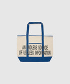 Beige and blue canvas tote bag with 'An endless source of useless information' text print