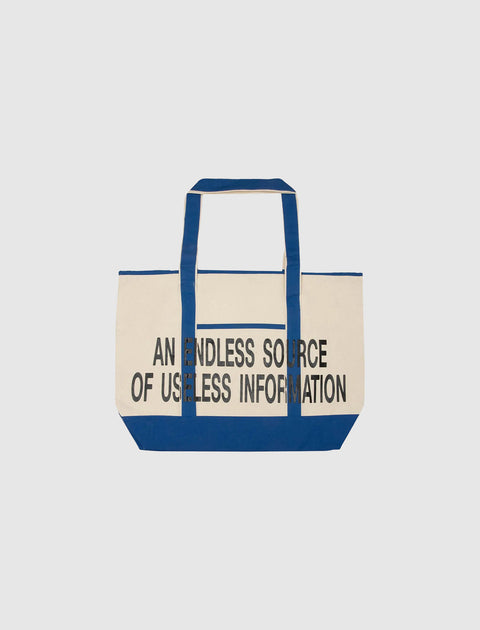 Beige and blue canvas tote bag with 'An endless source of useless information' text print