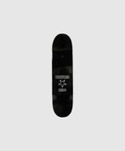 Black skateboard deck with Pleasures Zero star graphic, isolated on grey background