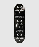 Black skateboard deck with white outlined stars and bold text reading Pleasures and Zero