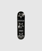 Black skateboard deck with white star graphics and bold Pleasures Zero text on grey background