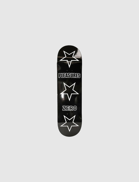 Black skateboard deck with white star graphics and bold Pleasures Zero text on grey background