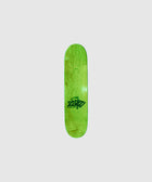 Green skateboard deck with black graphic design on a plain light background