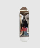 Silver skateboard deck with grim reaper graphic and red graffiti-style text on bottom