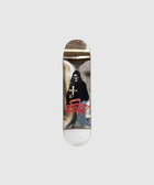 Silver skateboard deck with black grim reaper graphic and bold red lettering on bottom