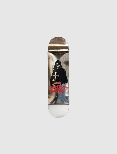 Silver skateboard deck with black grim reaper graphic and bold red lettering on bottom