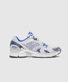 Men's white and blue mesh running sneaker with silver accents on a plain background