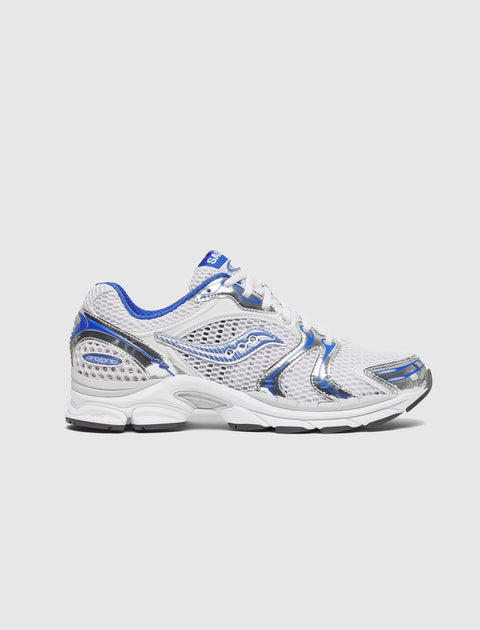 Men's white and blue mesh running sneaker with silver accents on a plain background