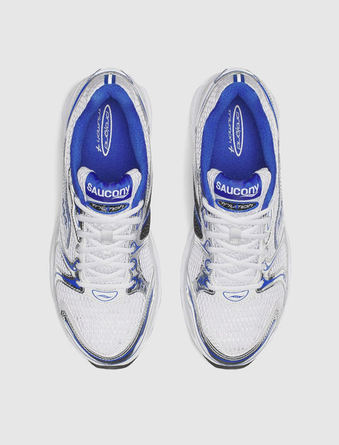 Top view of white mesh sneakers with blue accents and white laces on a white background