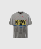 Grey graphic streetwear t-shirt with 'Stimulation Nation Pleasures 1991' print and portrait images