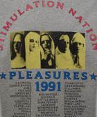 Graphic grey streetwear t-shirt with 'Stimulation Nation,' vintage nun print, and 1991 city tour list