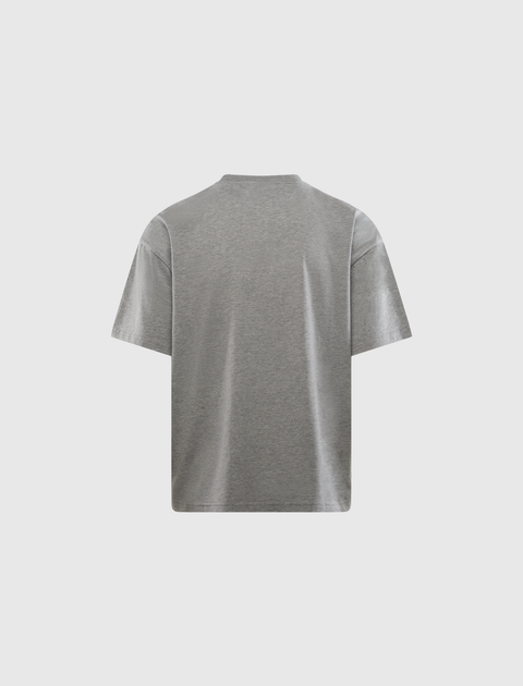 Back view of a heather grey men's short sleeve streetwear t-shirt on white background