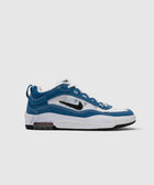 Blue and white low-top sneaker with visible air unit, black swoosh logo, and white laces