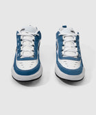 Pair of blue and white low-top men's sneakers with suede overlays on a white background
