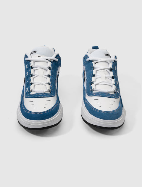 Pair of blue and white low-top men's sneakers with suede overlays on a white background