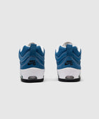 Blue and white Nike SB sneakers rear view, visible logo, white midsoles, grey background