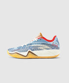 Men's sneaker with blue, cream, and red wave pattern design and tan sole