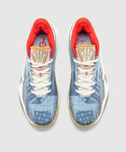 Blue patterned men's sneakers with white laces, orange lining, gum sole, top view