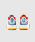 Light blue patterned sneakers with red accents and gum soles, rear view on white background