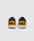 Rear view of yellow and navy low-top sneakers with bold NIKE branding on the heel