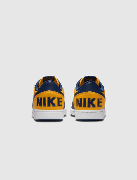 Rear view of yellow and navy low-top sneakers with bold NIKE branding on the heel